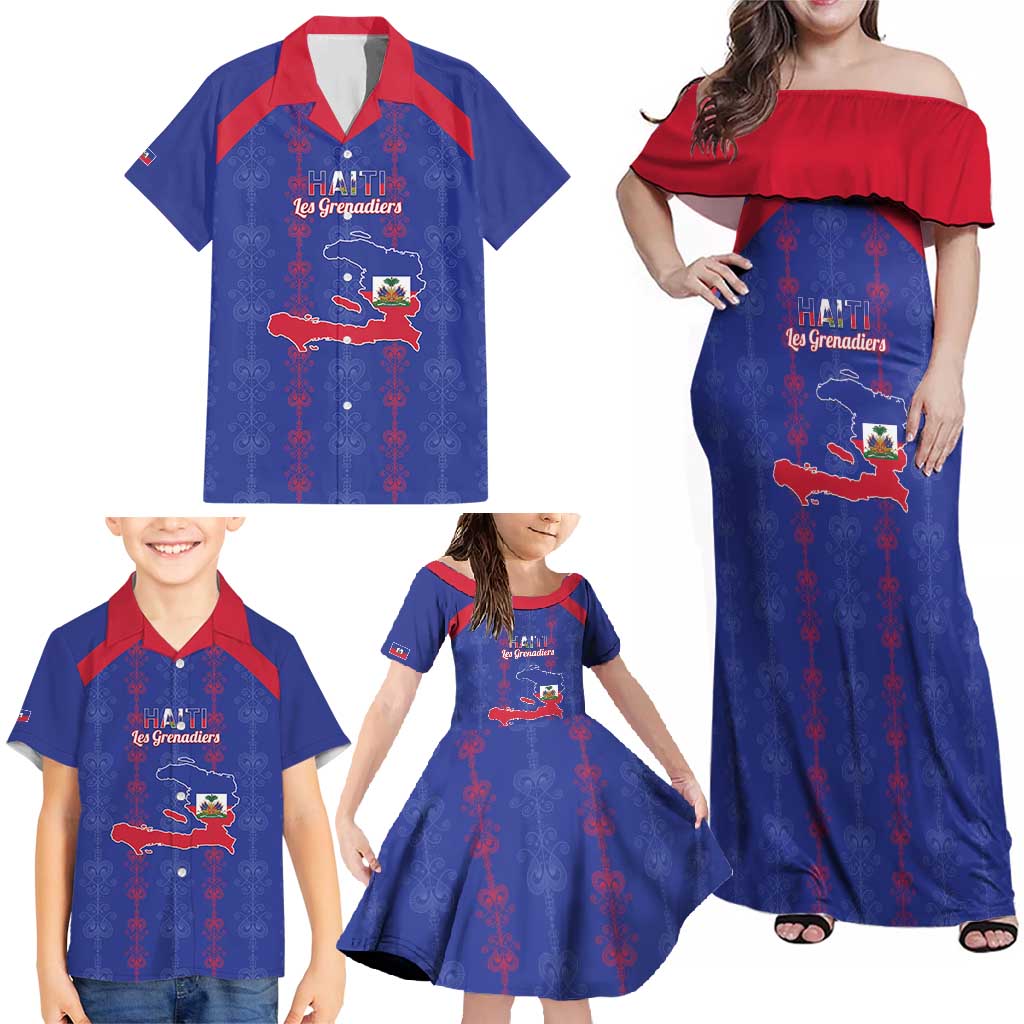 Custom Haiti Football Family Matching Off Shoulder Maxi Dress and Hawaiian Shirt Les Grenadiers Veve Vodou Blue - Wonder Print Shop
