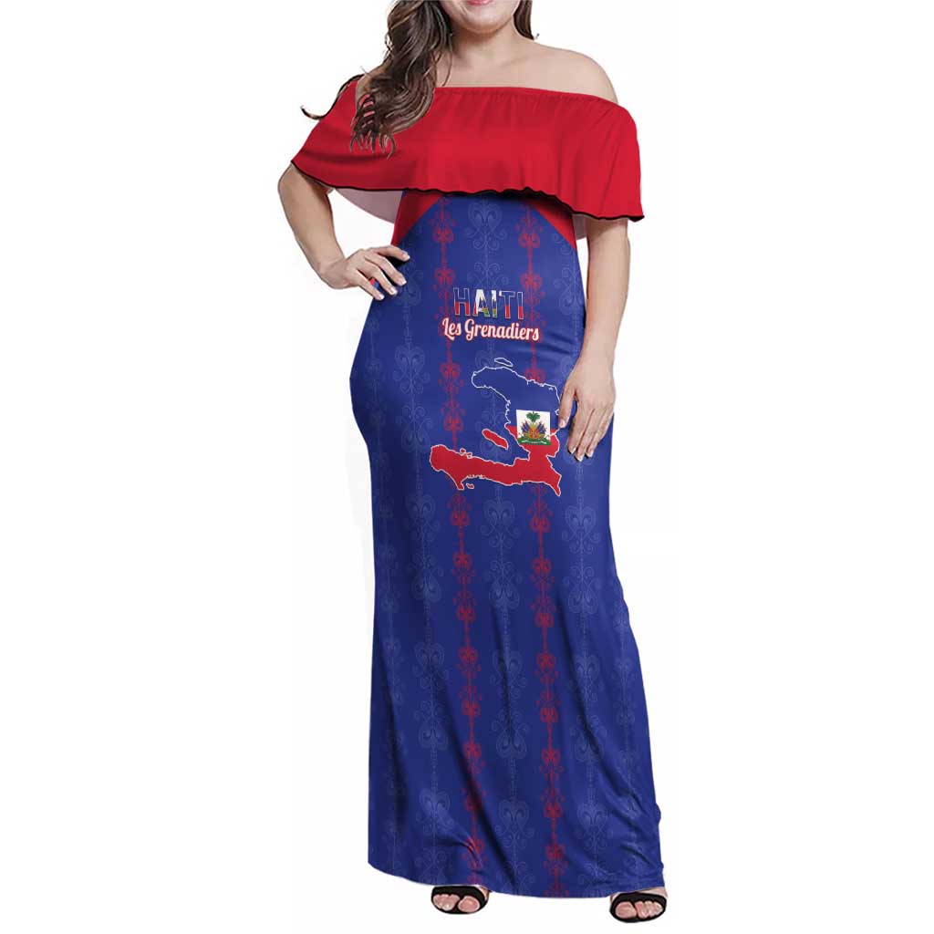 Custom Haiti Football Family Matching Off Shoulder Maxi Dress and Hawaiian Shirt Les Grenadiers Veve Vodou Blue - Wonder Print Shop