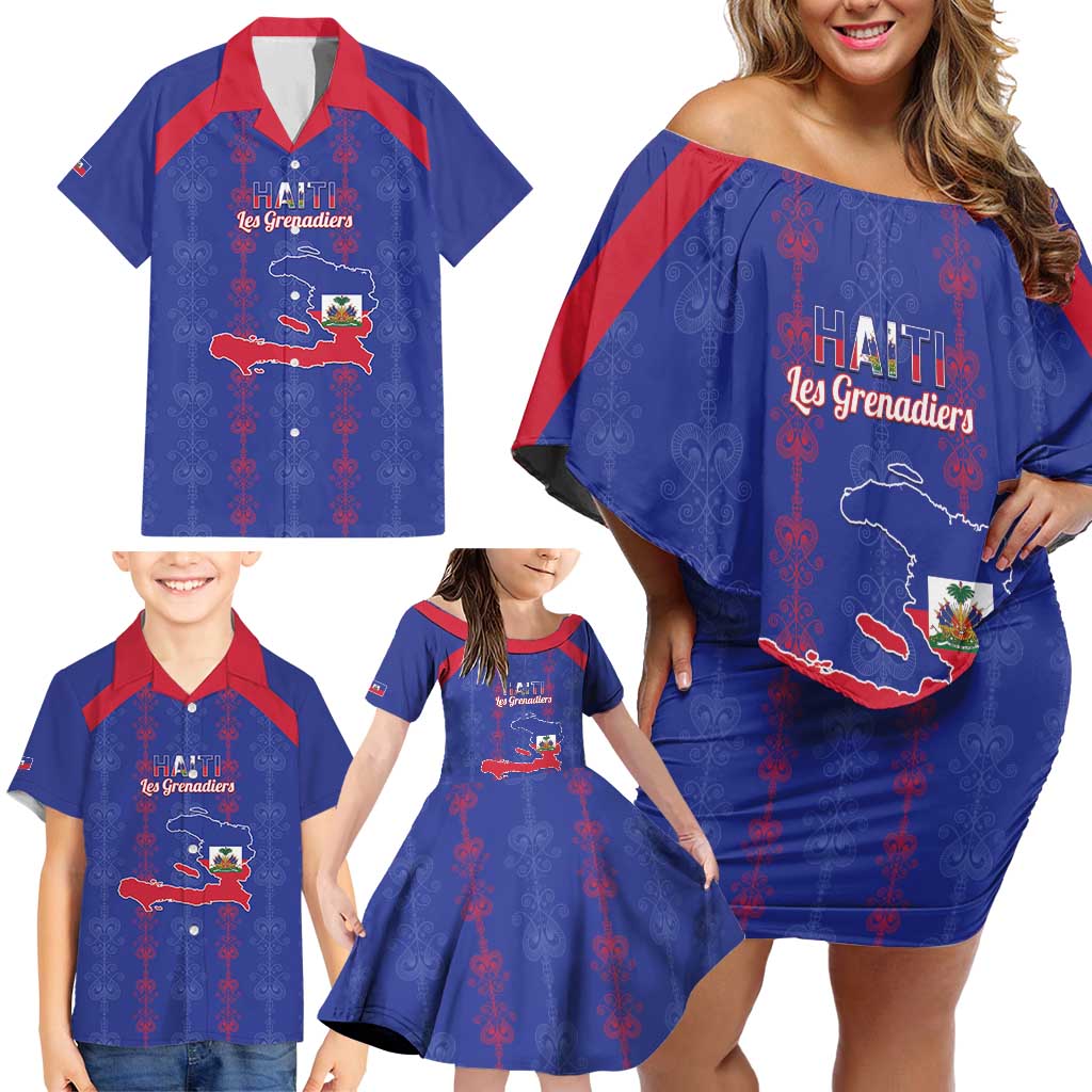 Custom Haiti Football Family Matching Off Shoulder Short Dress and Hawaiian Shirt Les Grenadiers Veve Vodou Blue - Wonder Print Shop