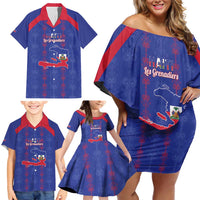 Custom Haiti Football Family Matching Off Shoulder Short Dress and Hawaiian Shirt Les Grenadiers Veve Vodou Blue - Wonder Print Shop
