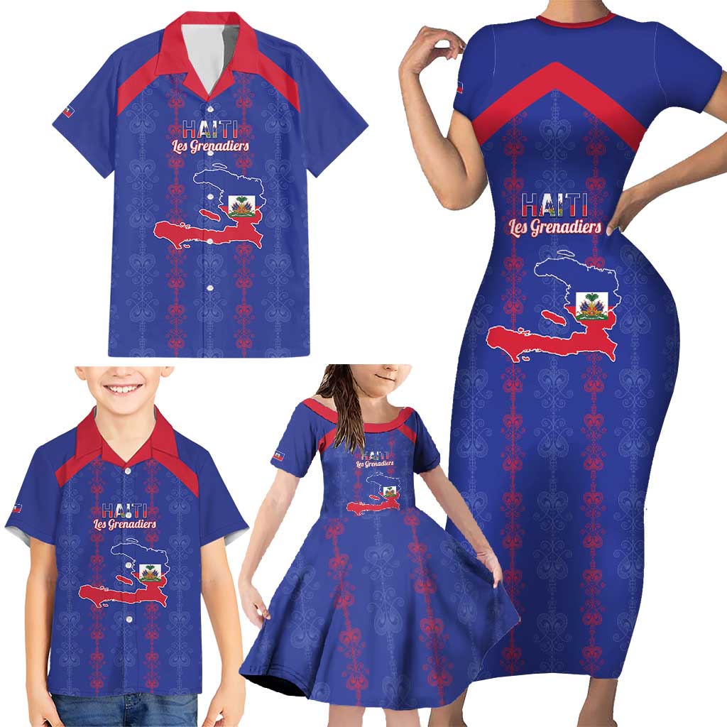 Custom Haiti Football Family Matching Short Sleeve Bodycon Dress and Hawaiian Shirt Les Grenadiers Veve Vodou Blue - Wonder Print Shop