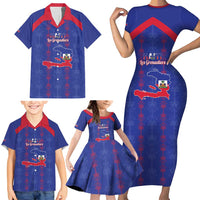 Custom Haiti Football Family Matching Short Sleeve Bodycon Dress and Hawaiian Shirt Les Grenadiers Veve Vodou Blue - Wonder Print Shop