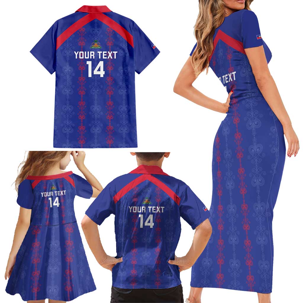Custom Haiti Football Family Matching Short Sleeve Bodycon Dress and Hawaiian Shirt Les Grenadiers Veve Vodou Blue - Wonder Print Shop