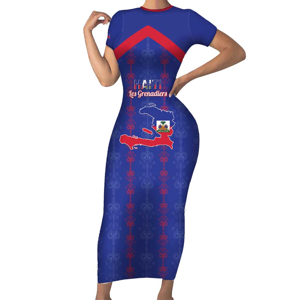 Custom Haiti Football Family Matching Short Sleeve Bodycon Dress and Hawaiian Shirt Les Grenadiers Veve Vodou Blue - Wonder Print Shop