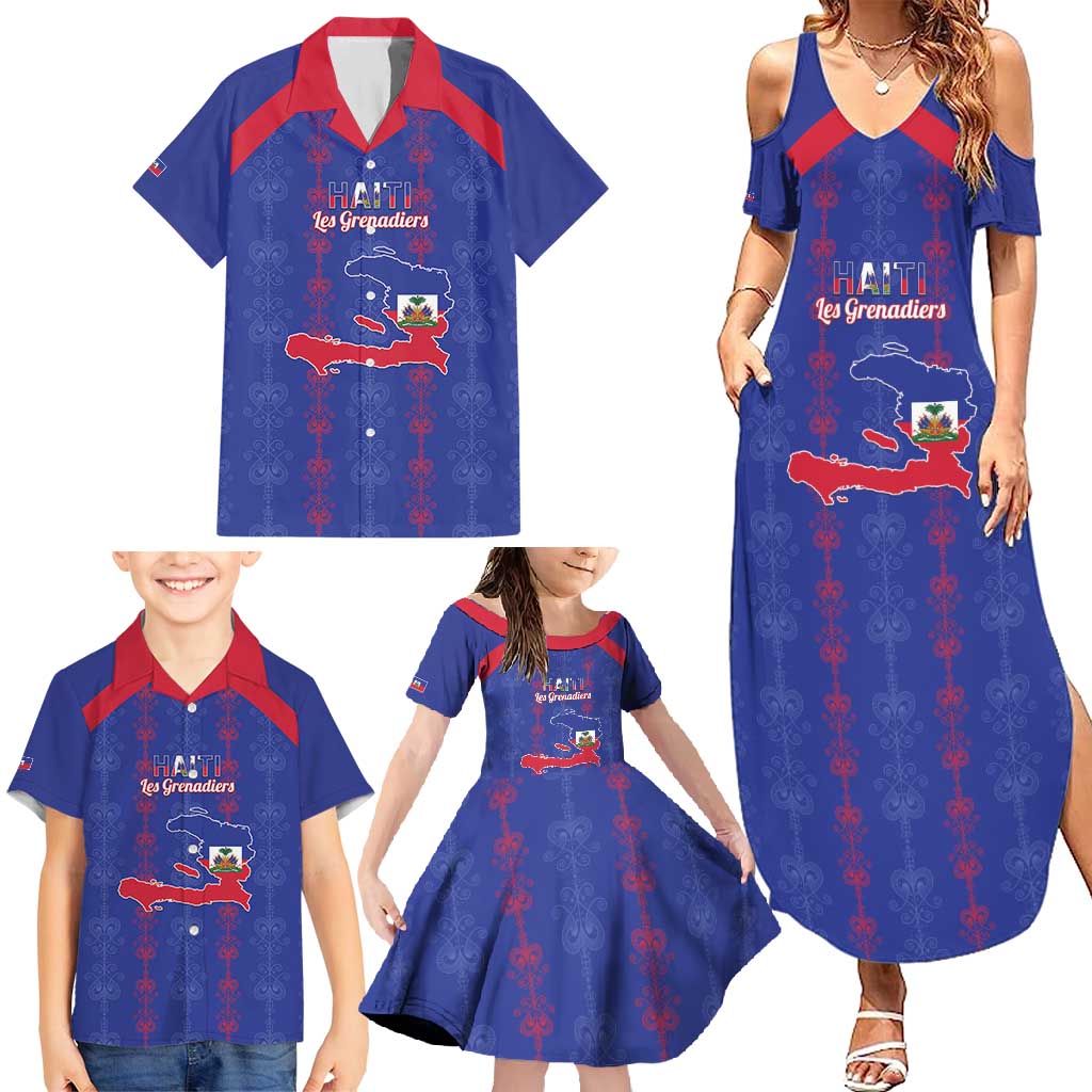 Custom Haiti Football Family Matching Summer Maxi Dress and Hawaiian Shirt Les Grenadiers Veve Vodou Blue - Wonder Print Shop
