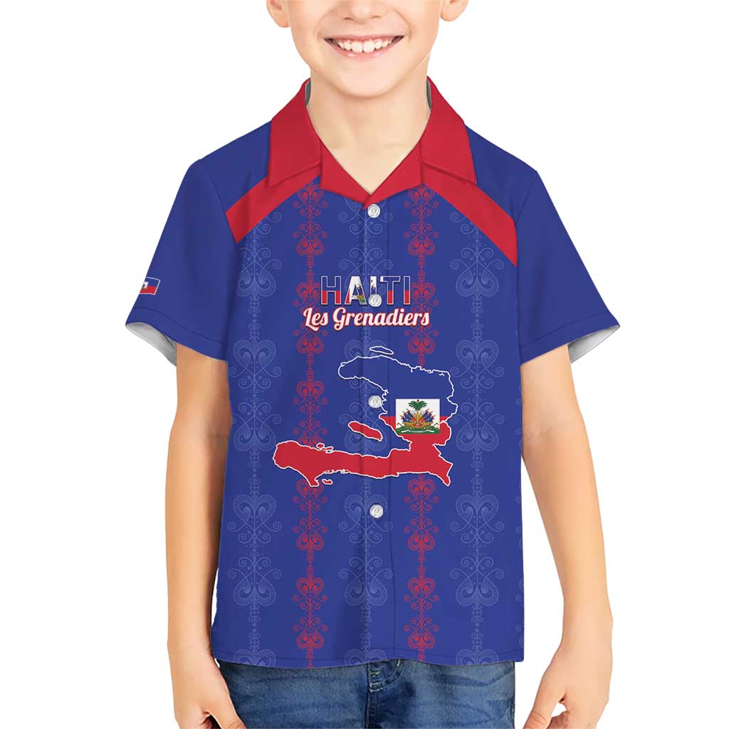 Custom Haiti Football Kid Hawaiian Shirt Les Grenadiers Veve Vodou Blue - Wonder Print Shop