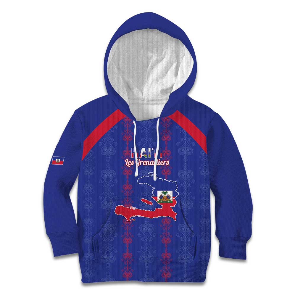 Custom Haiti Football Kid Hoodie Les Grenadiers Veve Vodou Blue - Wonder Print Shop