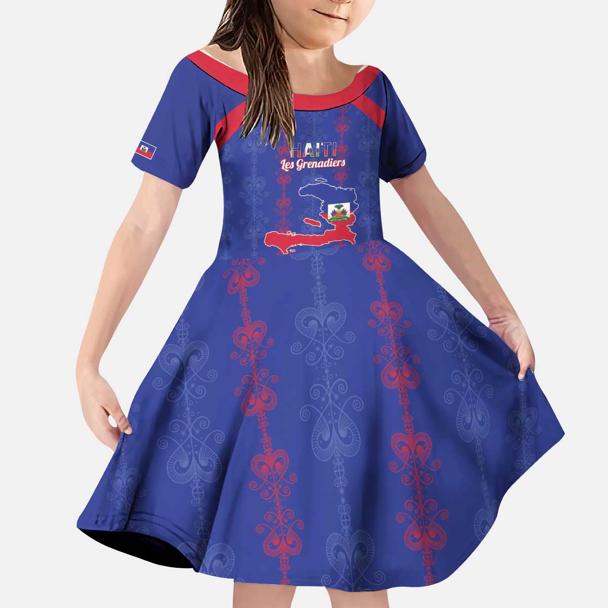Custom Haiti Football Kid Short Sleeve Dress Les Grenadiers Veve Vodou Blue - Wonder Print Shop