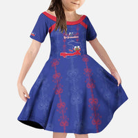 Custom Haiti Football Kid Short Sleeve Dress Les Grenadiers Veve Vodou Blue - Wonder Print Shop