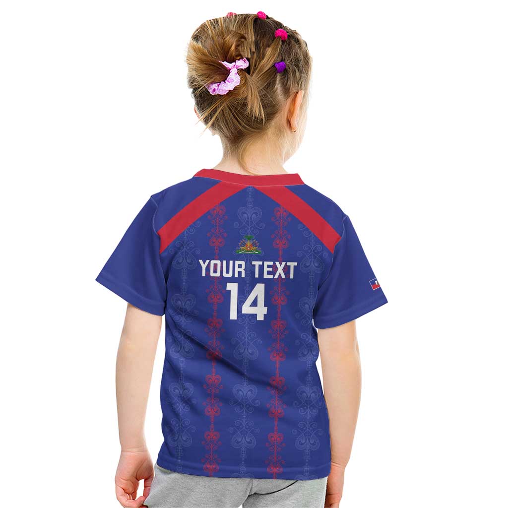 Custom Haiti Football Kid T Shirt Les Grenadiers Veve Vodou Blue - Wonder Print Shop