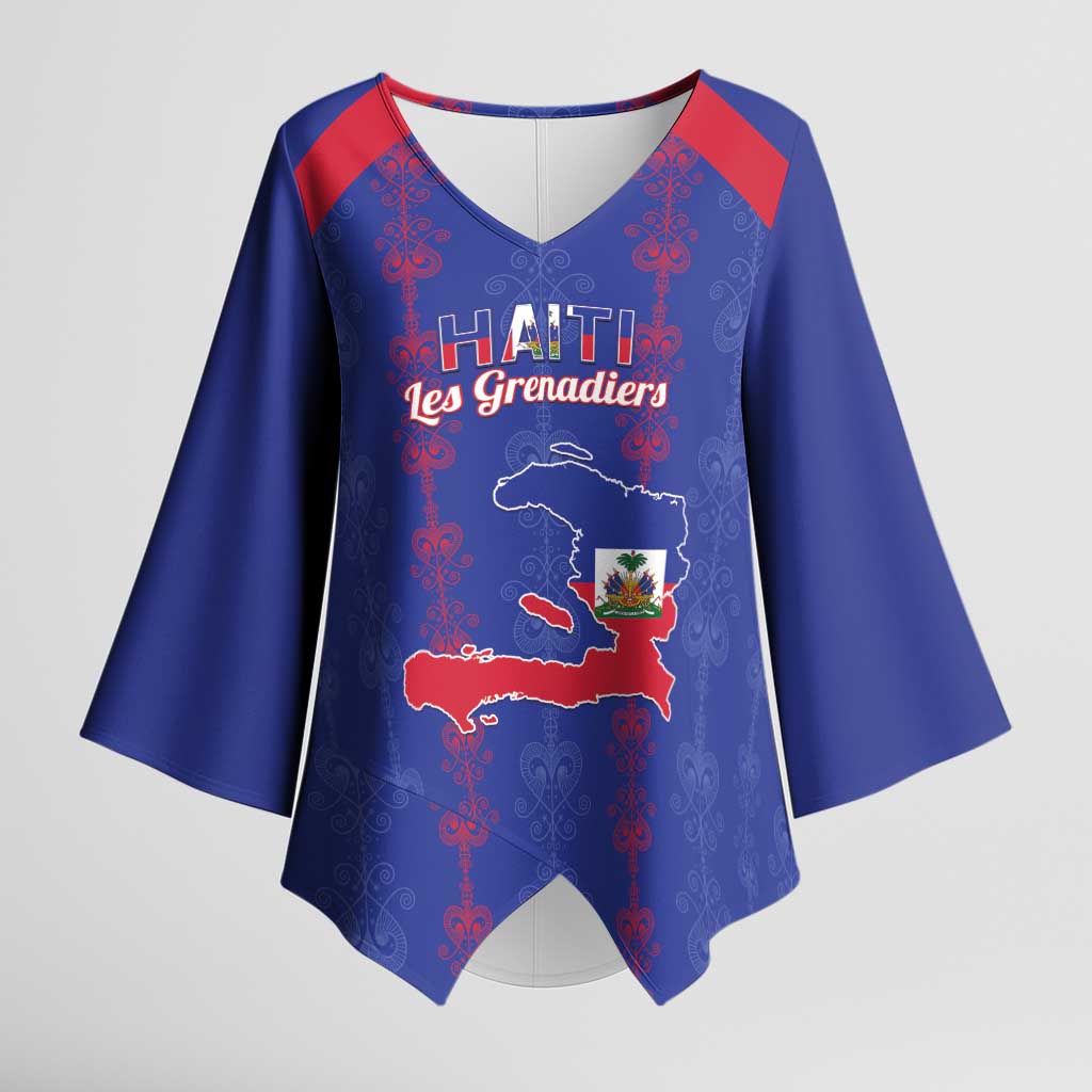 Custom Haiti Football Kimono Sleeve Blouse Les Grenadiers Veve Vodou Blue - Wonder Print Shop