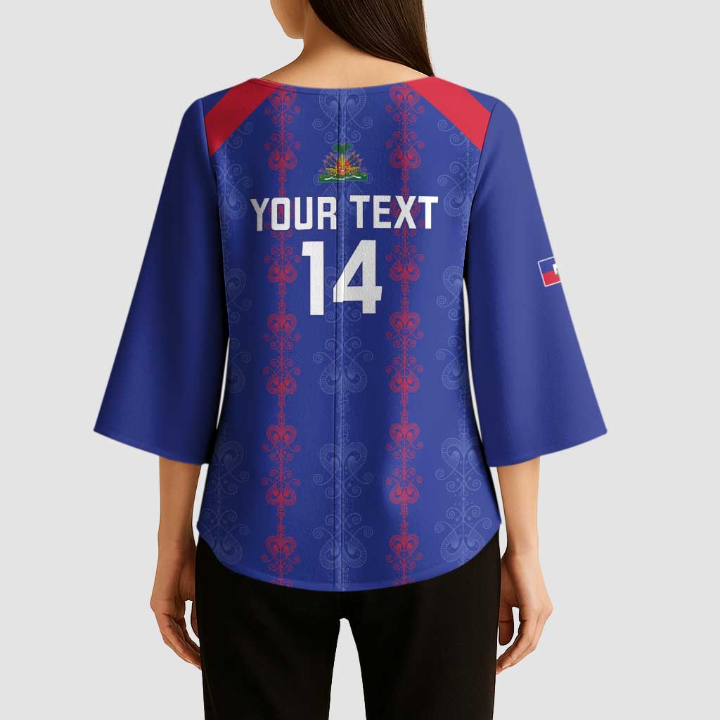 Custom Haiti Football Kimono Sleeve Blouse Les Grenadiers Veve Vodou Blue - Wonder Print Shop