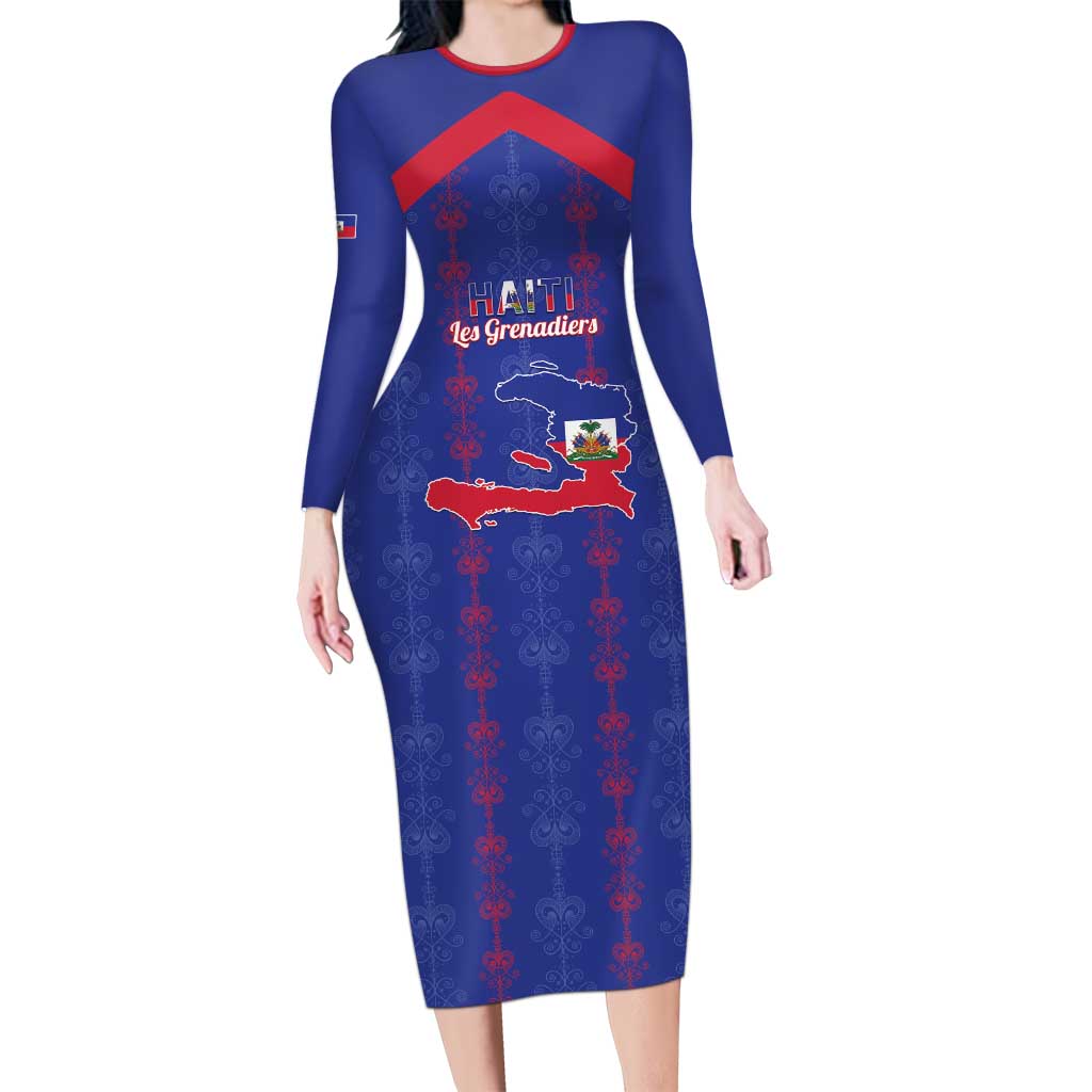 Custom Haiti Football Long Sleeve Bodycon Dress Les Grenadiers Veve Vodou Blue - Wonder Print Shop