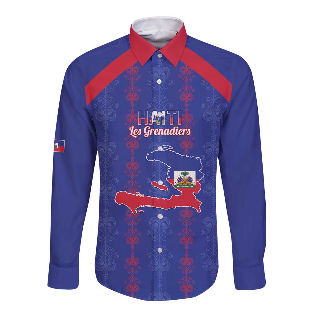 Custom Haiti Football Long Sleeve Button Shirt Les Grenadiers Veve Vodou Blue - Wonder Print Shop