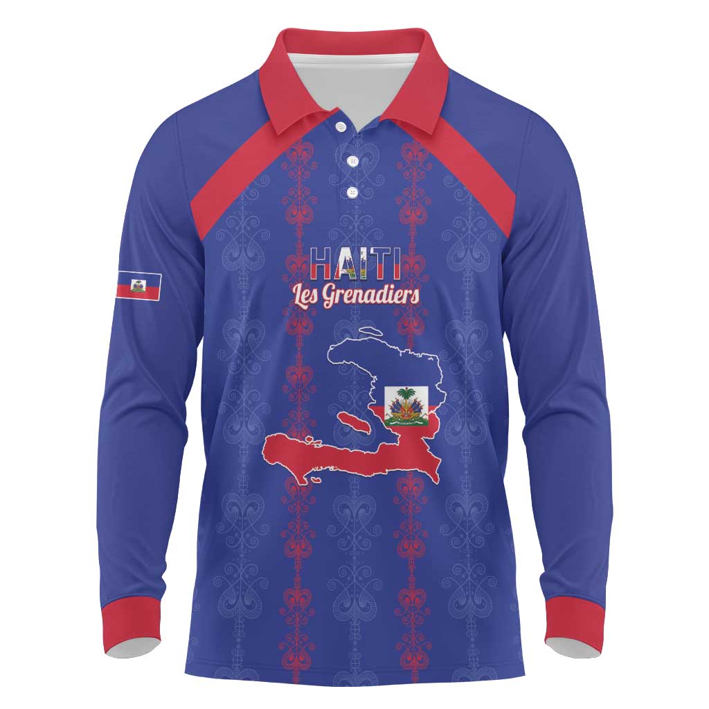 Custom Haiti Football Long Sleeve Polo Shirt Les Grenadiers Veve Vodou Blue - Wonder Print Shop