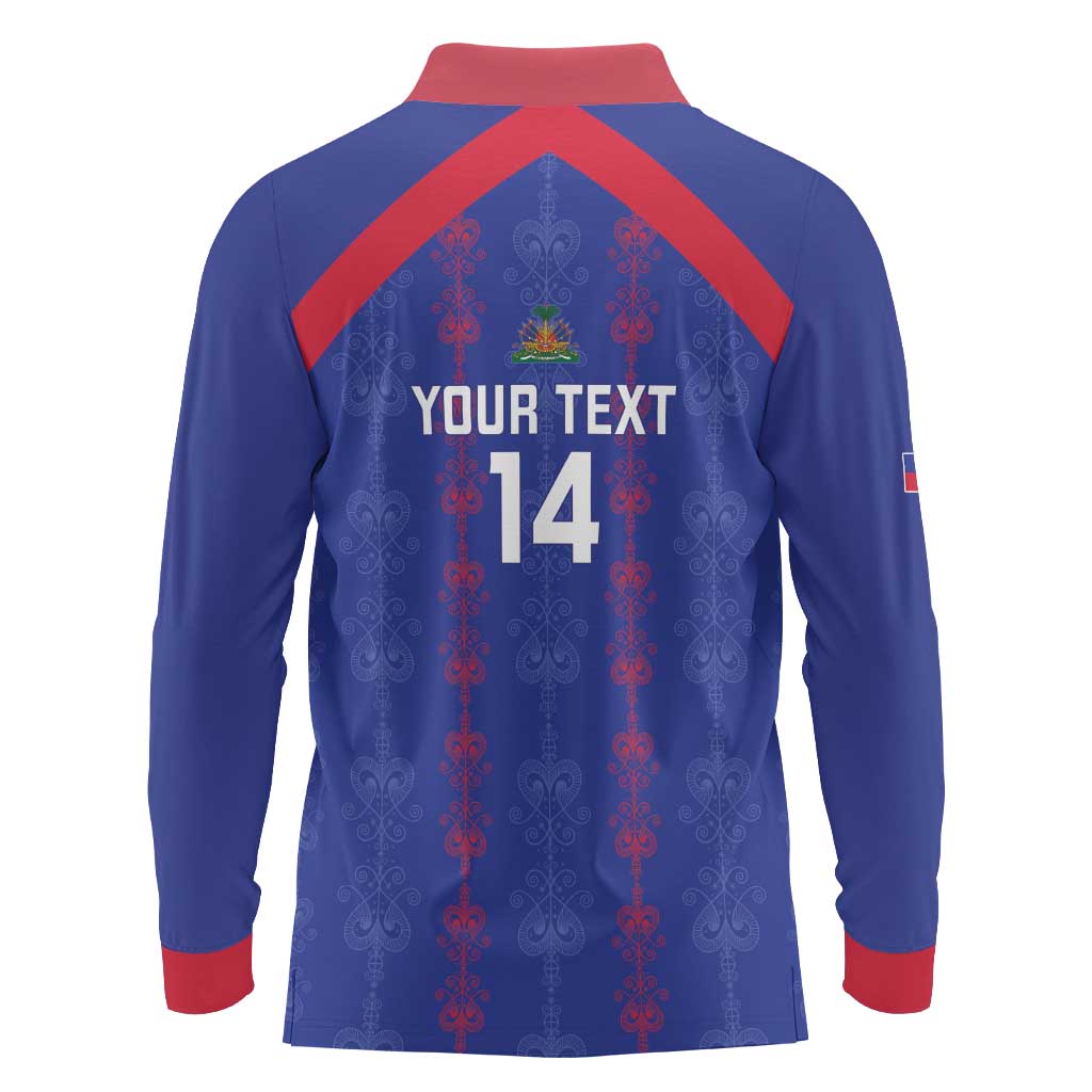 Custom Haiti Football Long Sleeve Polo Shirt Les Grenadiers Veve Vodou Blue - Wonder Print Shop