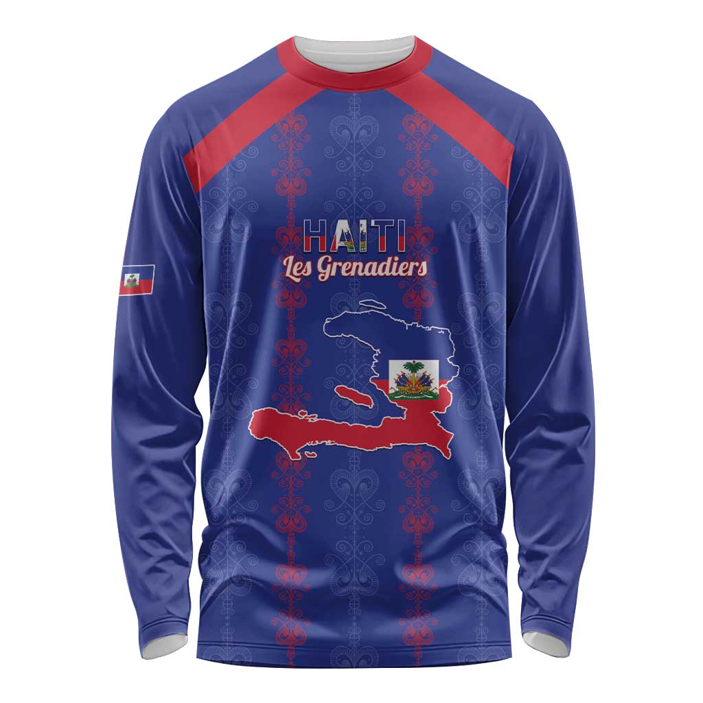 Custom Haiti Football Long Sleeve Shirt Les Grenadiers Veve Vodou Blue - Wonder Print Shop