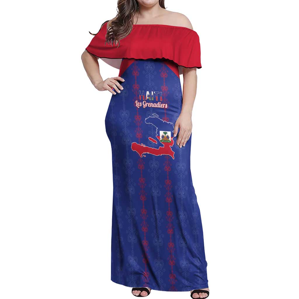Custom Haiti Football Off Shoulder Maxi Dress Les Grenadiers Veve Vodou Blue - Wonder Print Shop