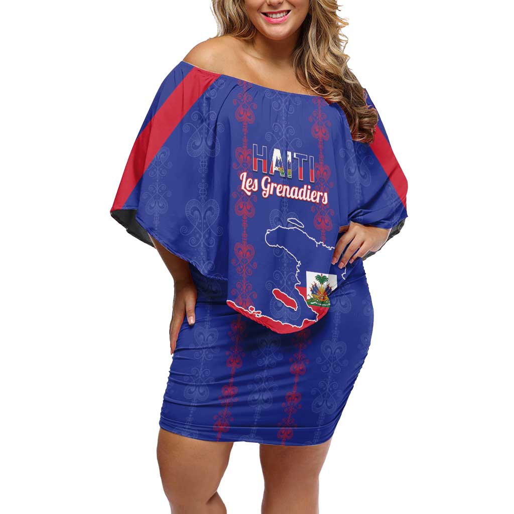 Custom Haiti Football Off Shoulder Short Dress Les Grenadiers Veve Vodou Blue - Wonder Print Shop