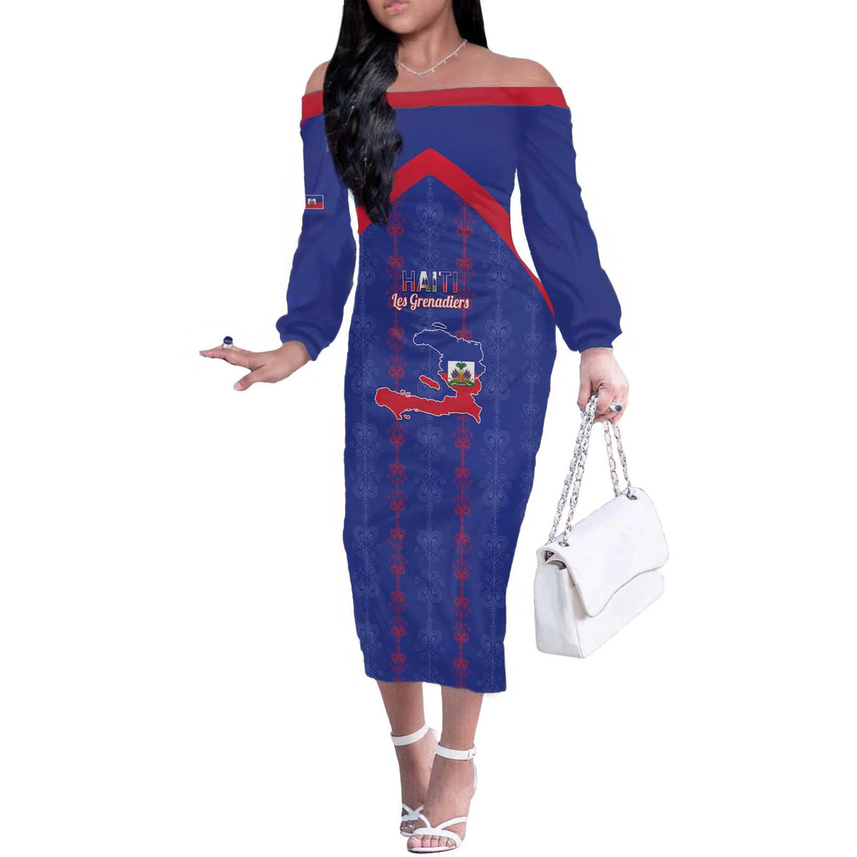 Custom Haiti Football Off The Shoulder Long Sleeve Dress Les Grenadiers Veve Vodou Blue - Wonder Print Shop