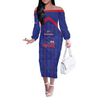 Custom Haiti Football Off The Shoulder Long Sleeve Dress Les Grenadiers Veve Vodou Blue - Wonder Print Shop