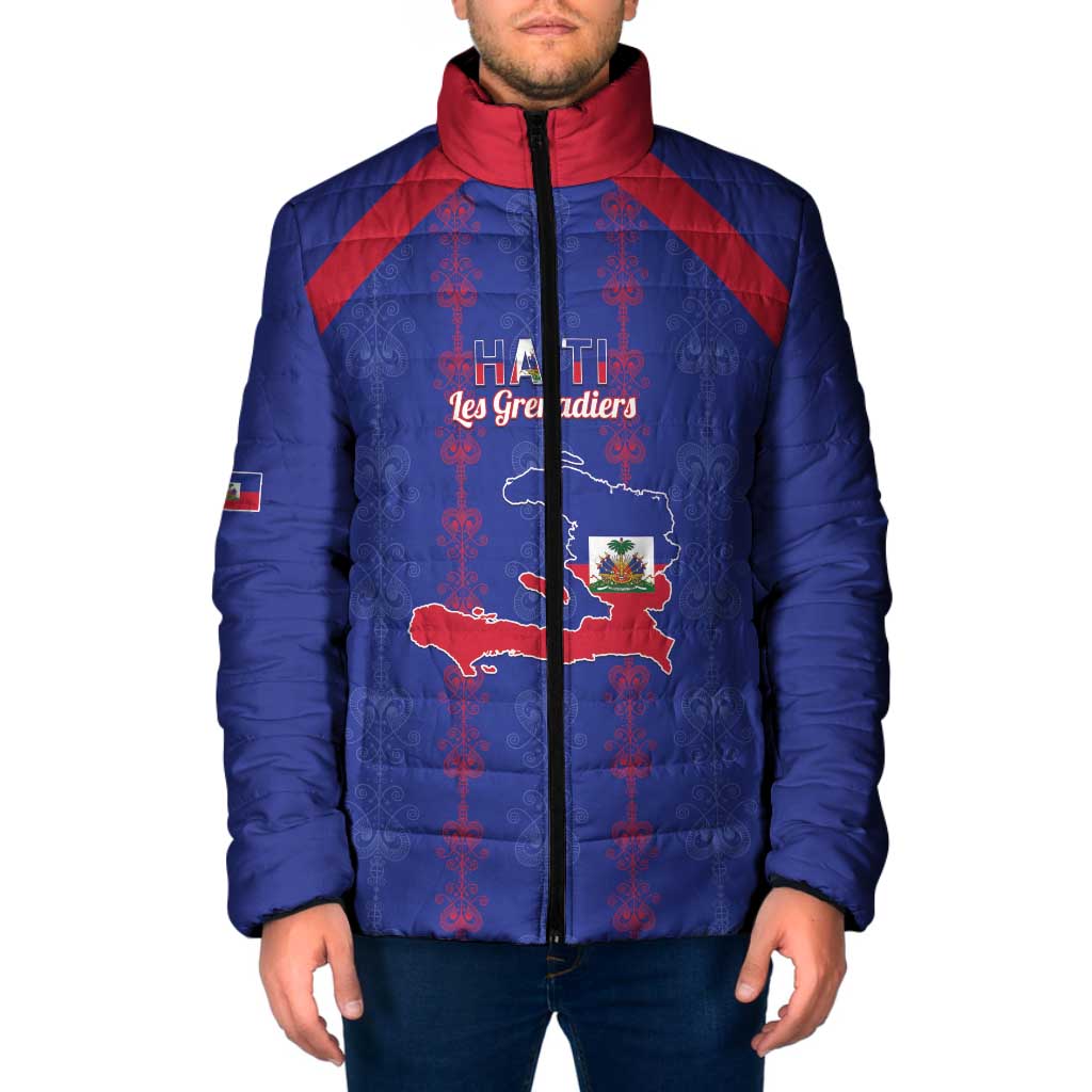 Custom Haiti Football Padded Jacket Les Grenadiers Veve Vodou Blue - Wonder Print Shop