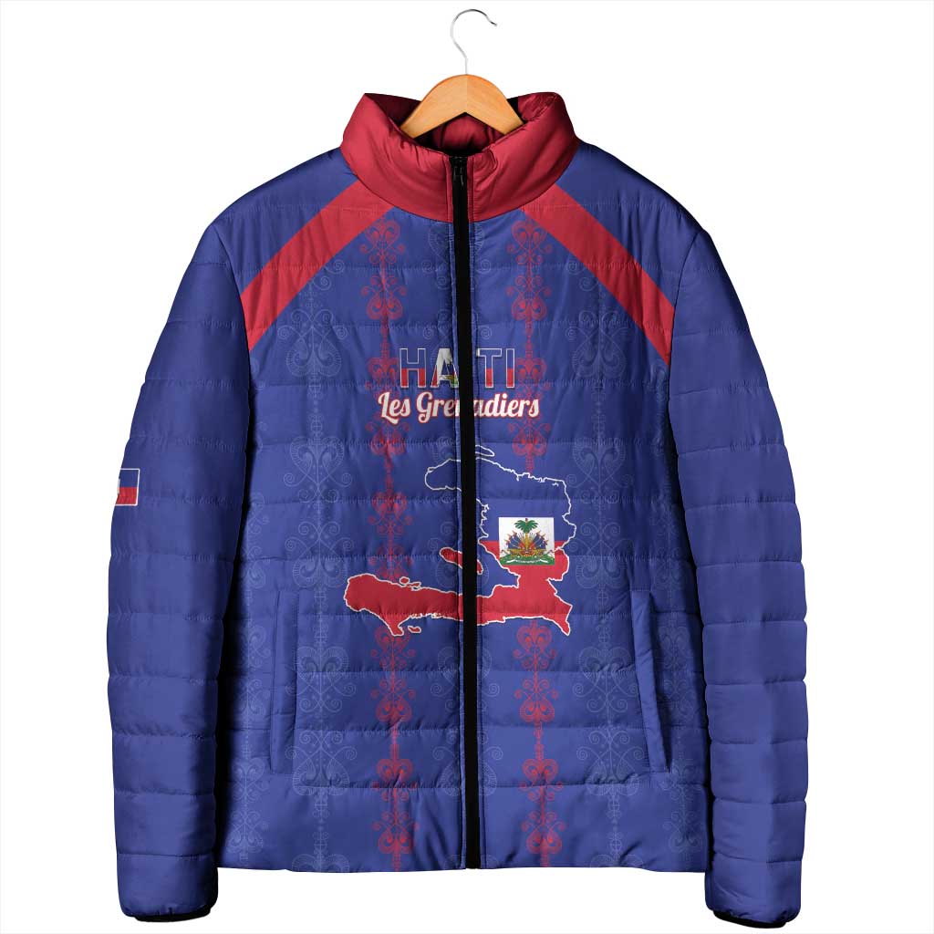 Custom Haiti Football Padded Jacket Les Grenadiers Veve Vodou Blue - Wonder Print Shop