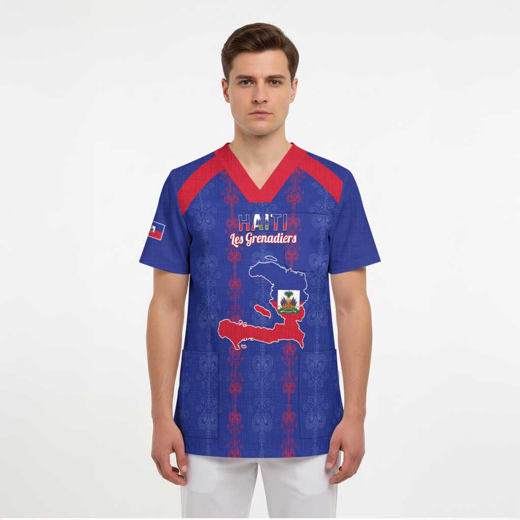 Custom Haiti Football Scrub Top Les Grenadiers Veve Vodou Blue - Wonder Print Shop