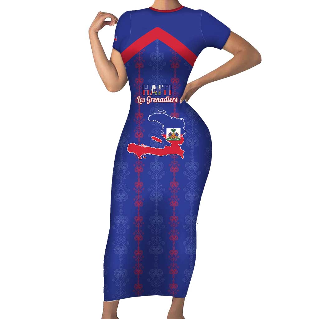 Custom Haiti Football Short Sleeve Bodycon Dress Les Grenadiers Veve Vodou Blue - Wonder Print Shop