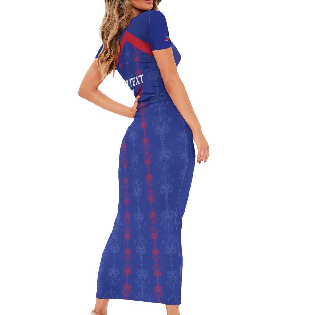 Custom Haiti Football Short Sleeve Bodycon Dress Les Grenadiers Veve Vodou Blue - Wonder Print Shop