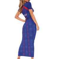 Custom Haiti Football Short Sleeve Bodycon Dress Les Grenadiers Veve Vodou Blue - Wonder Print Shop