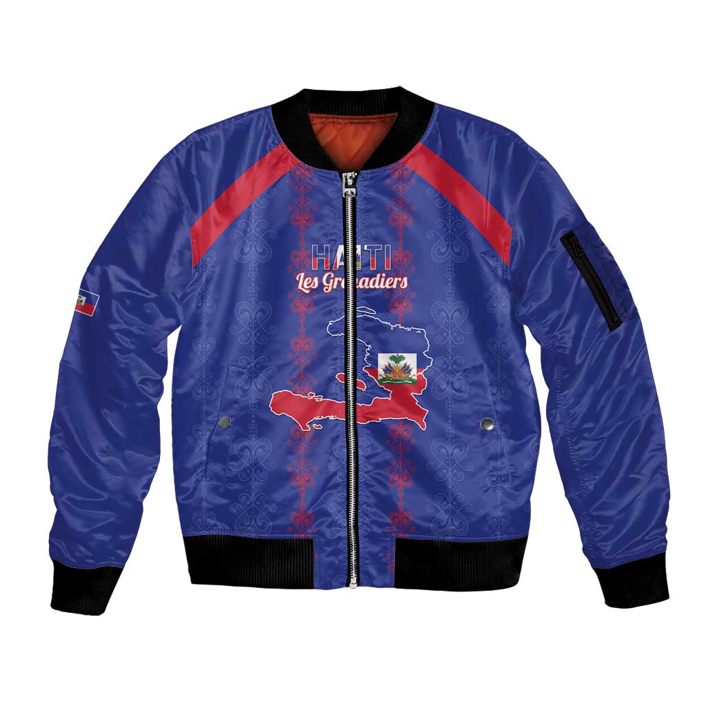 Custom Haiti Football Sleeve Zip Bomber Jacket Les Grenadiers Veve Vodou Blue - Wonder Print Shop