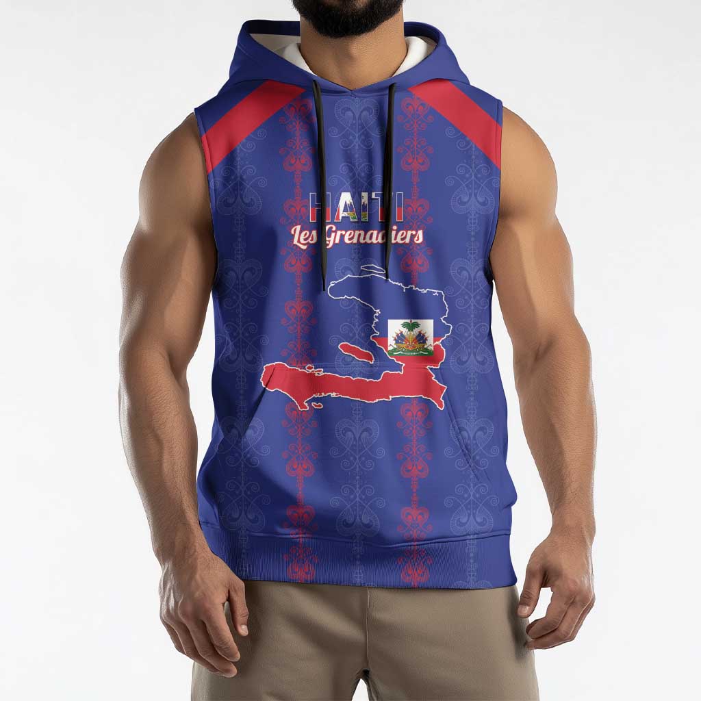 Custom Haiti Football Sleeveless Hoodie Les Grenadiers Veve Vodou Blue - Wonder Print Shop