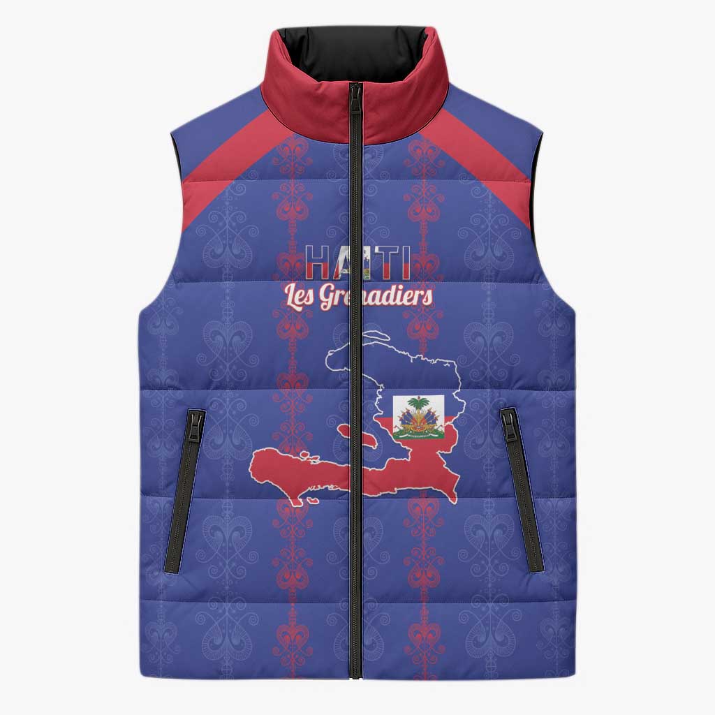 Custom Haiti Football Sleeveless Puffer Jacket Les Grenadiers Veve Vodou Blue - Wonder Print Shop