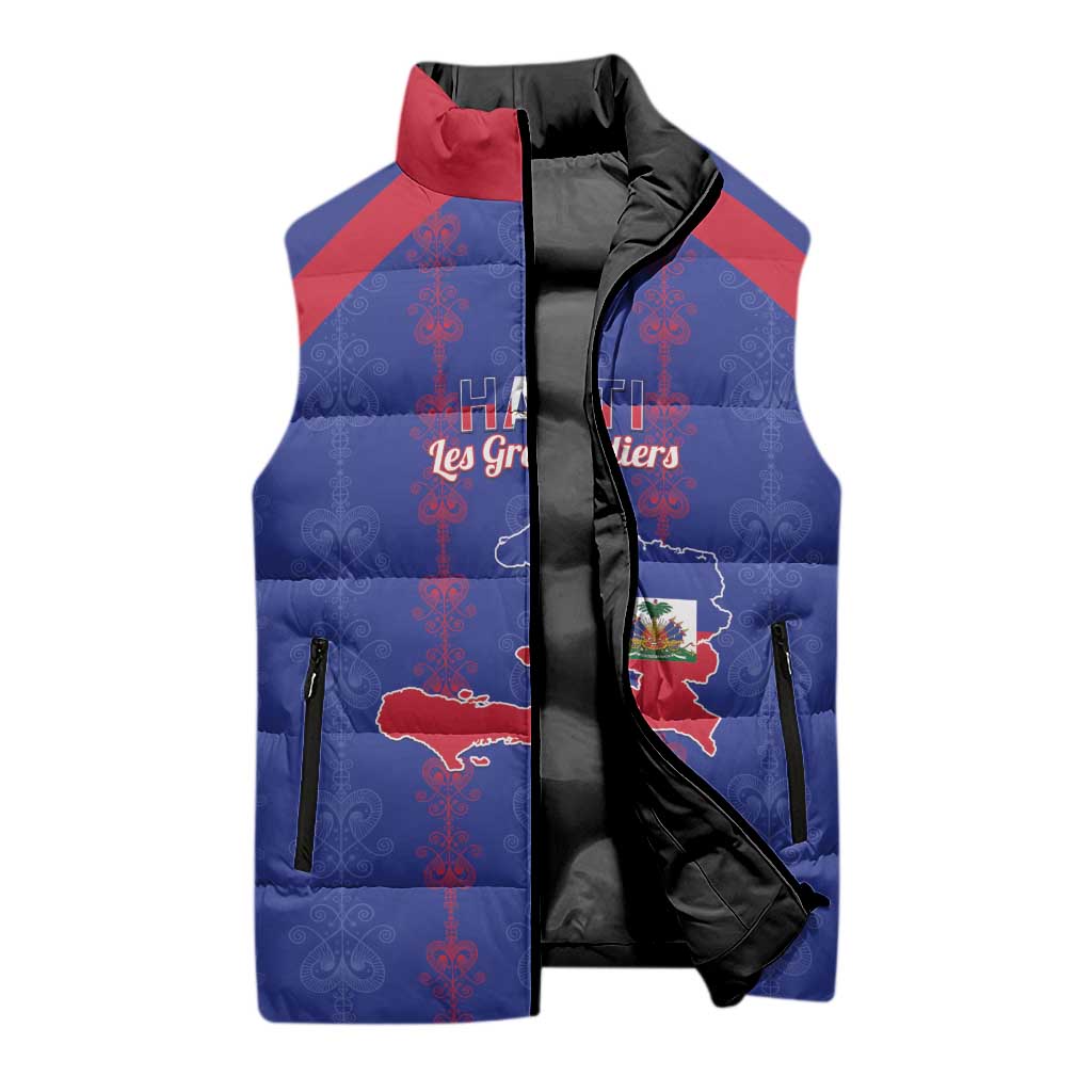 Custom Haiti Football Sleeveless Puffer Jacket Les Grenadiers Veve Vodou Blue - Wonder Print Shop