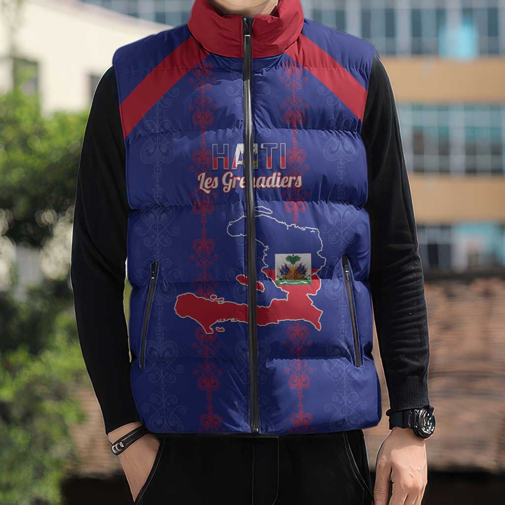 Custom Haiti Football Sleeveless Puffer Jacket Les Grenadiers Veve Vodou Blue - Wonder Print Shop