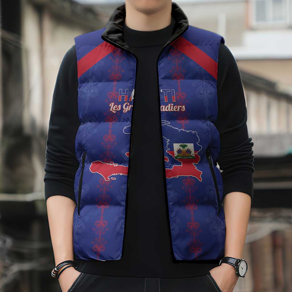 Custom Haiti Football Sleeveless Puffer Jacket Les Grenadiers Veve Vodou Blue - Wonder Print Shop