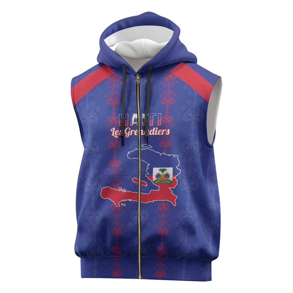 Custom Haiti Football Sleeveless Zip Hoodie Les Grenadiers Veve Vodou Blue - Wonder Print Shop