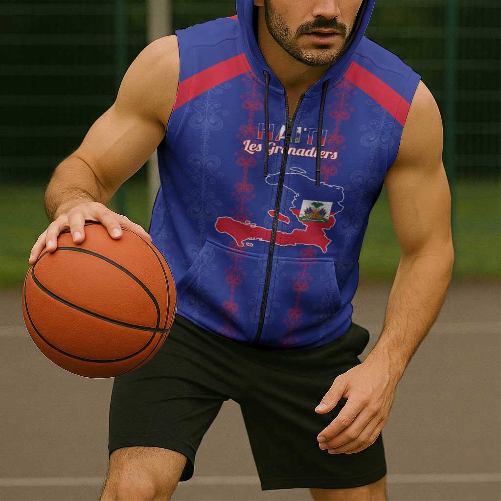 Custom Haiti Football Sleeveless Zip Hoodie Les Grenadiers Veve Vodou Blue - Wonder Print Shop