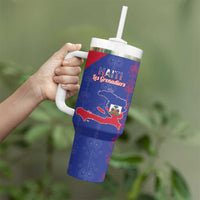 Custom Haiti Football Tumbler With Handle Les Grenadiers Veve Vodou Blue - Wonder Print Shop