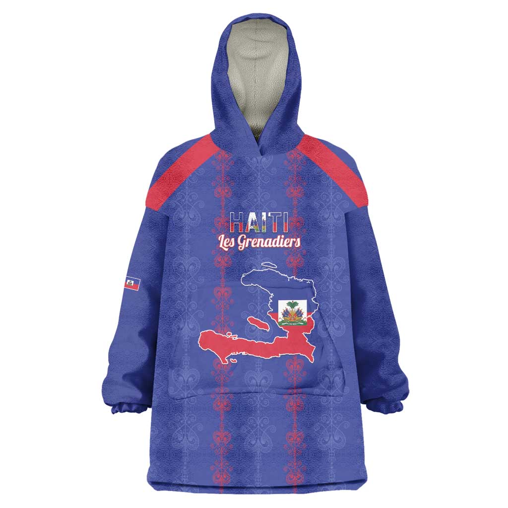 Custom Haiti Football Wearable Blanket Hoodie Les Grenadiers Veve Vodou Blue - Wonder Print Shop