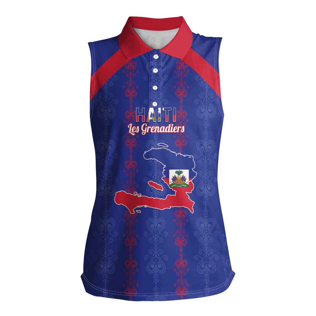 Custom Haiti Football Women Sleeveless Polo Shirt Les Grenadiers Veve Vodou Blue - Wonder Print Shop