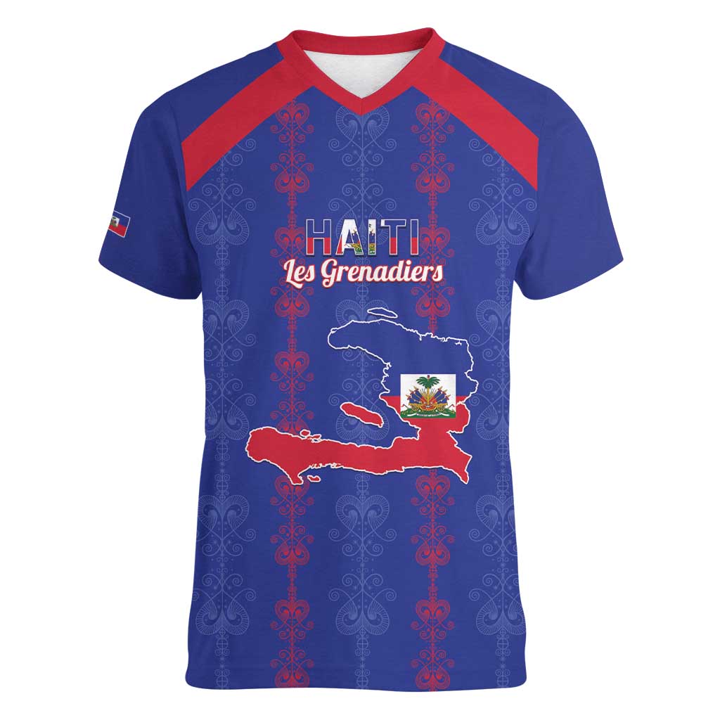 Custom Haiti Football Women V-Neck T-Shirt Les Grenadiers Veve Vodou Blue - Wonder Print Shop