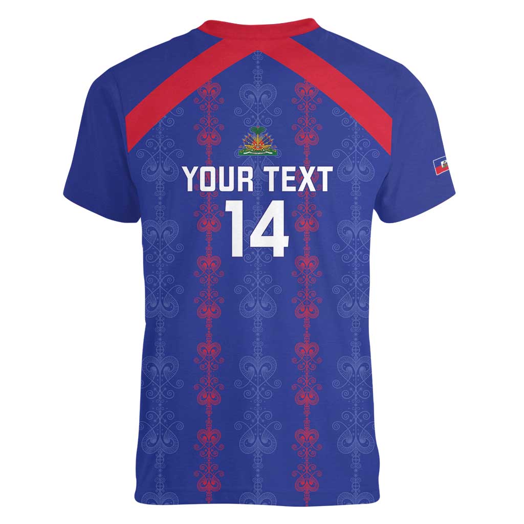 Custom Haiti Football Women V-Neck T-Shirt Les Grenadiers Veve Vodou Blue - Wonder Print Shop