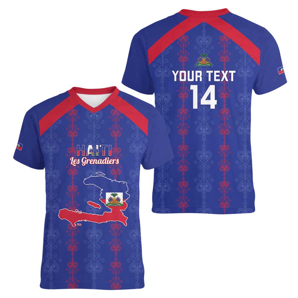 Custom Haiti Football Women V-Neck T-Shirt Les Grenadiers Veve Vodou Blue - Wonder Print Shop