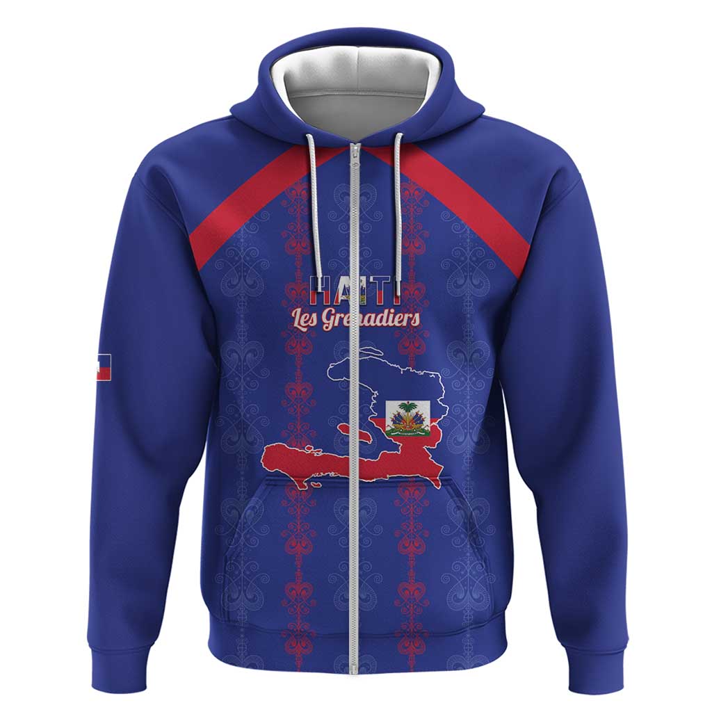 Custom Haiti Football Zip Hoodie Les Grenadiers Veve Vodou Blue - Wonder Print Shop