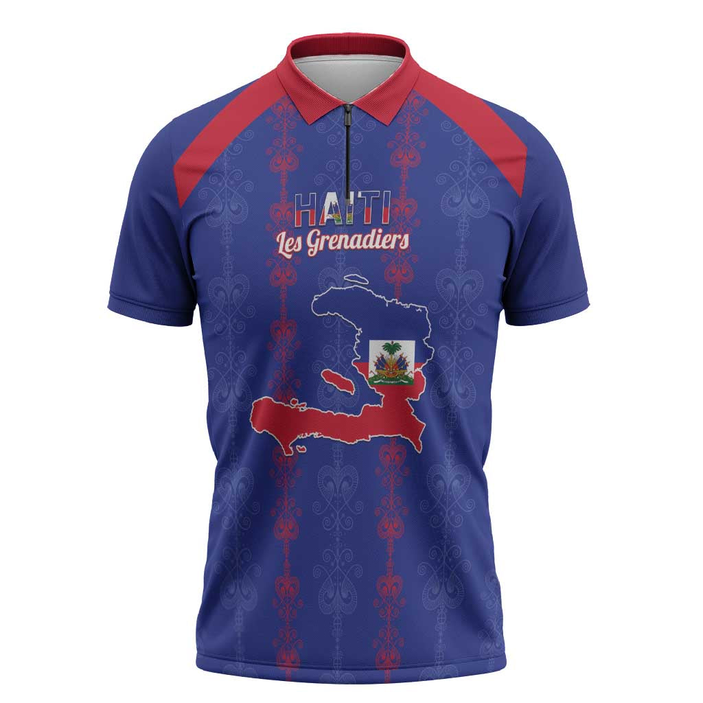 Custom Haiti Football Zipper Polo Shirt Les Grenadiers Veve Vodou Blue - Wonder Print Shop