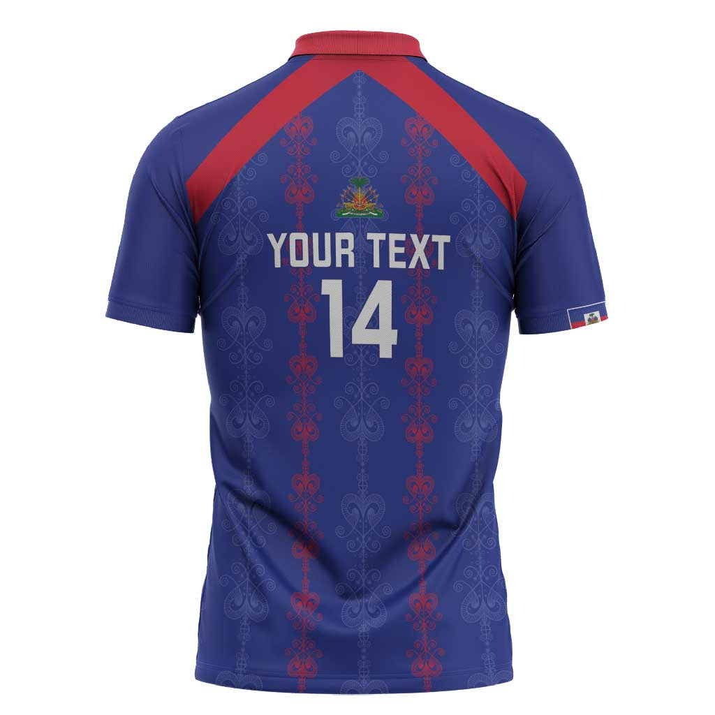 Custom Haiti Football Zipper Polo Shirt Les Grenadiers Veve Vodou Blue - Wonder Print Shop