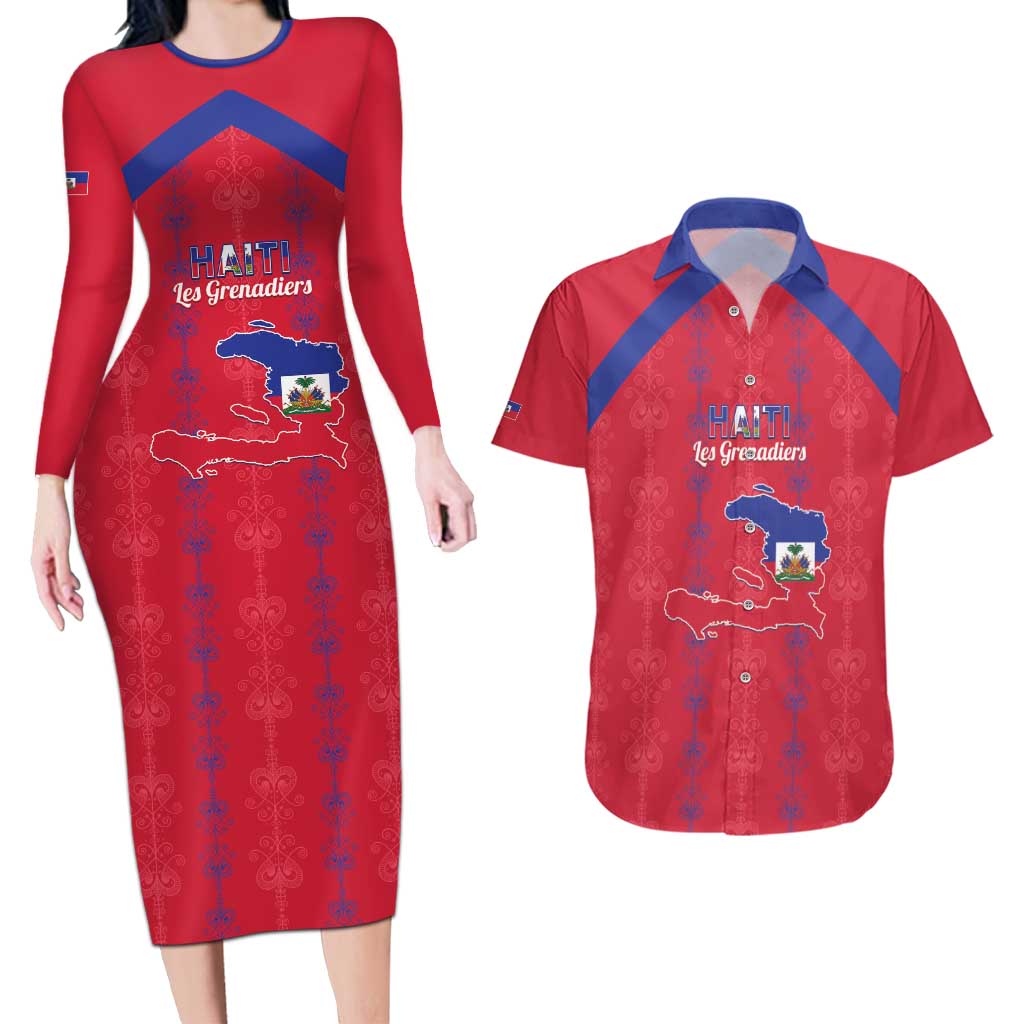 Custom Haiti Football Couples Matching Long Sleeve Bodycon Dress and Hawaiian Shirt Les Grenadiers Veve Vodou Red - Wonder Print Shop