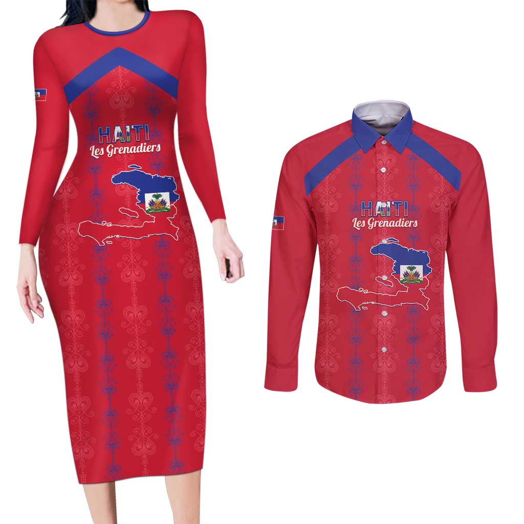 Custom Haiti Football Couples Matching Long Sleeve Bodycon Dress and Long Sleeve Button Shirt Les Grenadiers Veve Vodou Red - Wonder Print Shop